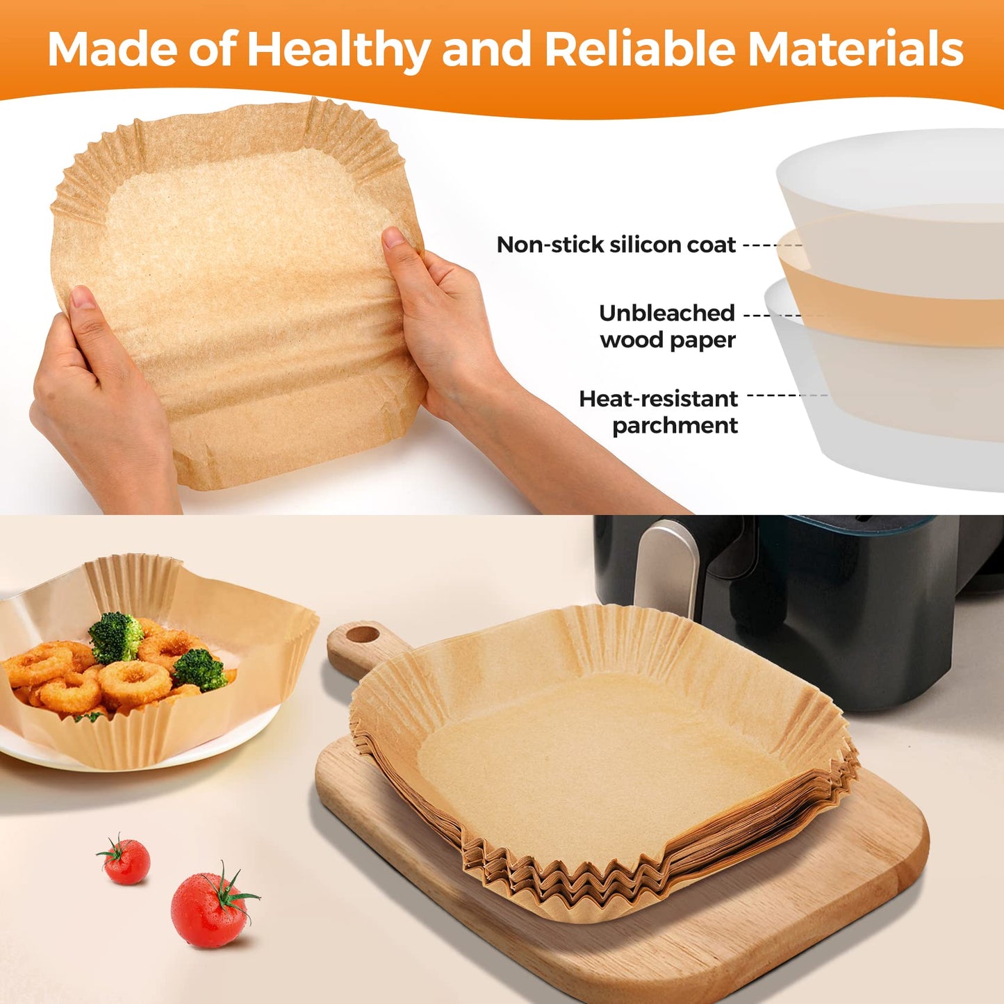 Air Fryer Disposable Paper Liners - 150Pcs 8In Square Parchment Paper Non-Stick Airfryer Basket Liners for Steamer Microwave Oven, Deep Fryer Parts & Accessories