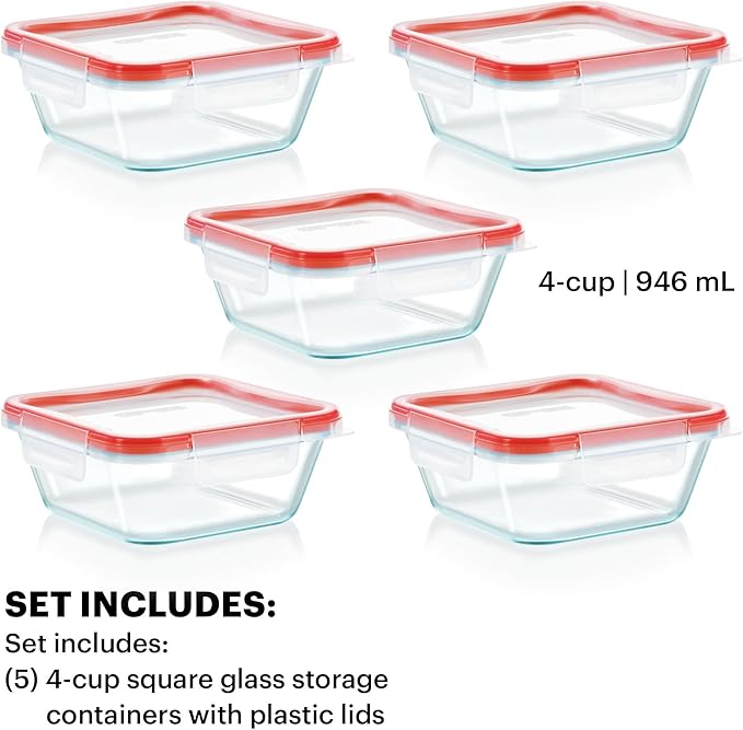 Pyrex Freshlock Glass Food Storage Containers Set, Airtight & Leakproof Plastic