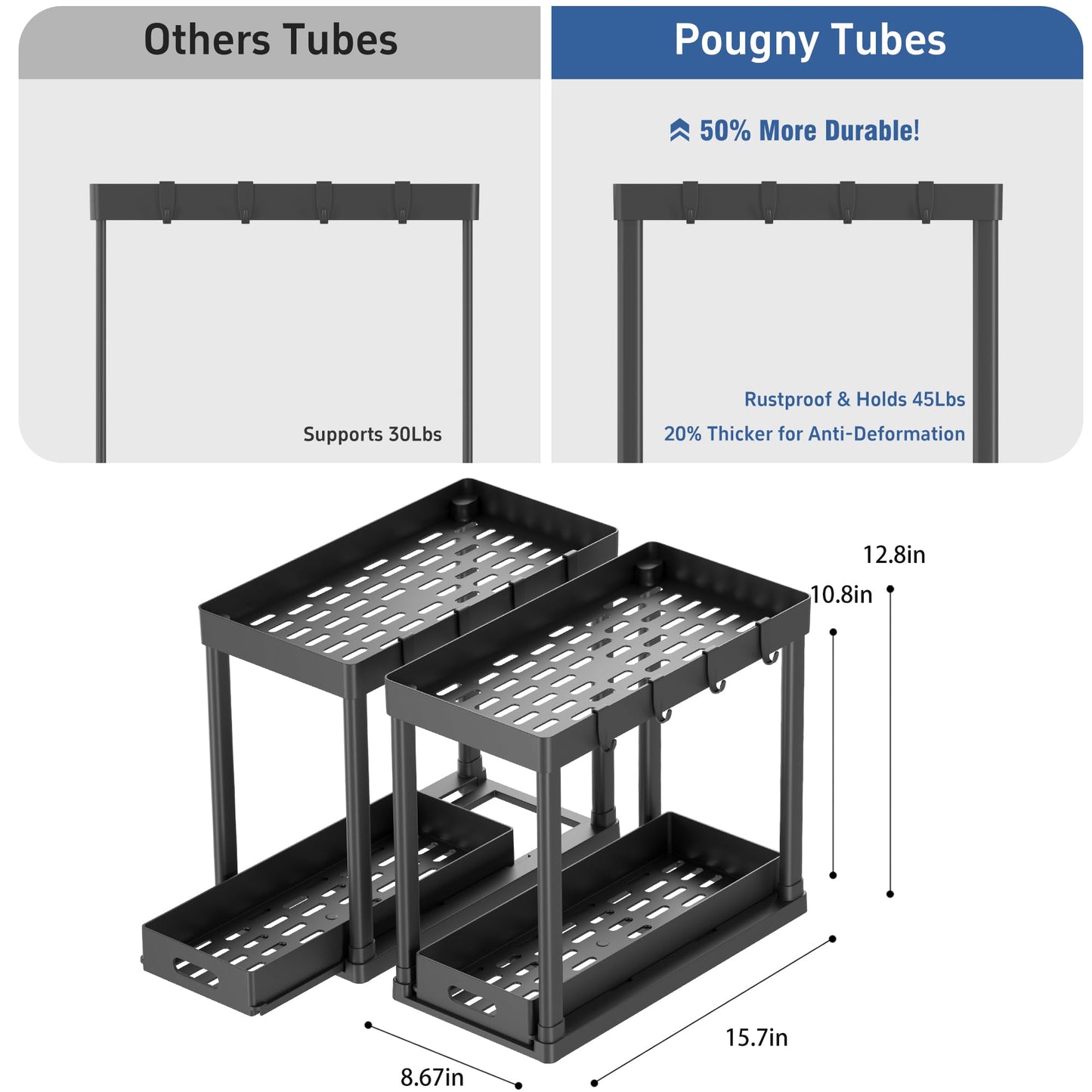 2PC Under Sink Organizer Rack 2 Tier Under Sliding Cabinet Basket Organizer Drawer with 4 Hooks, Multi-purpose Under Sink Storage for Bathroom Kitchen Desktop（Black）