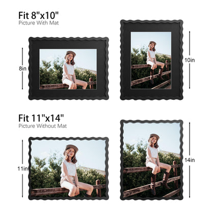 THKRLOF 11x14 Picture Frame with Mat for 8x10, Wavy Edge Wooden Real Glass Photo Frame for Wall Hanging, Black, 1 Pack