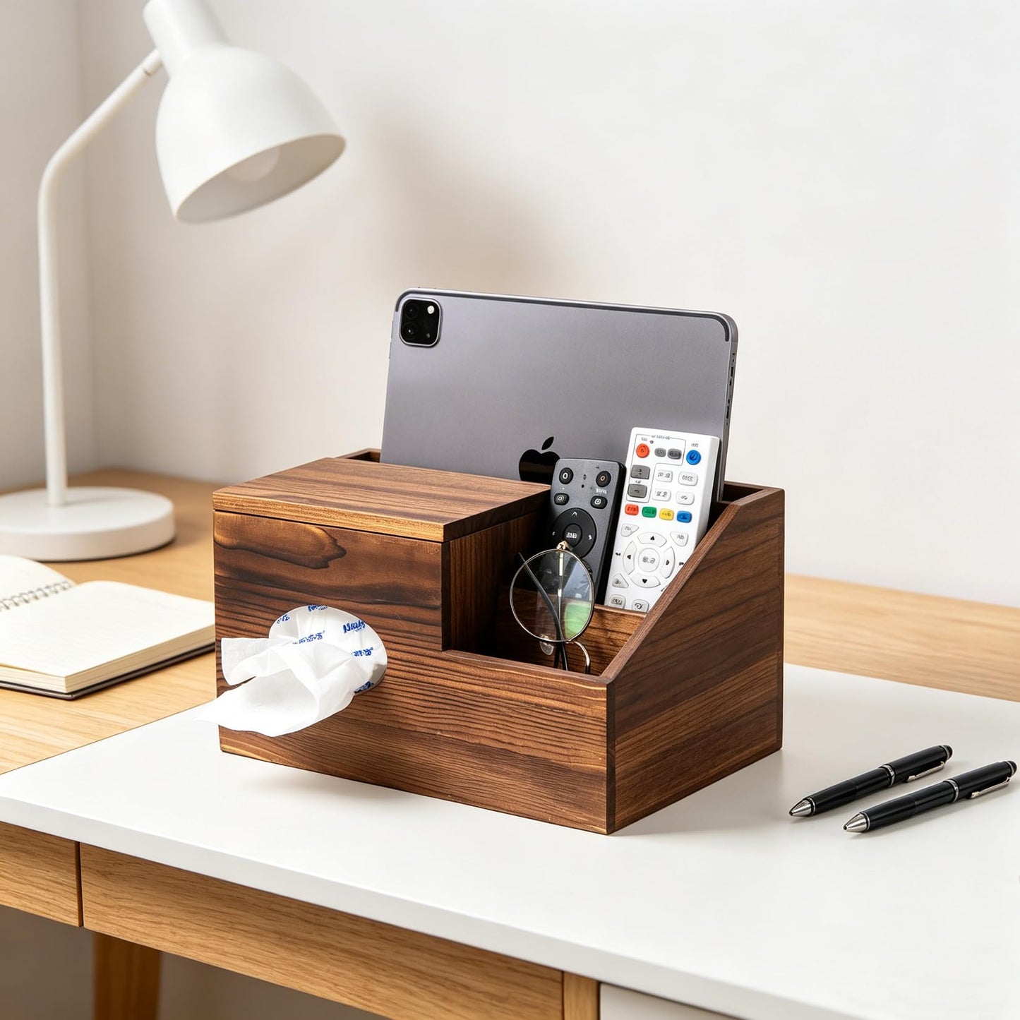 ExoLiry Deluxe Dark Rustic Brown Wooden Remote Control Caddy with Tissue Box Cover – Multi-Compartment Organizer for TV Remotes, Phones, Tablets and Living Room Essentials