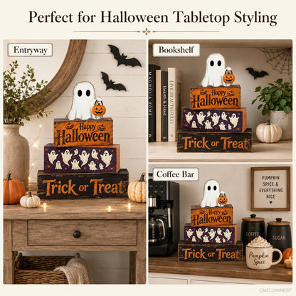 4 Pcs Halloween Table Decorations, Rustic Farmhouse Wooden Block Signs with Ghost & Jack-o'-Lantern, Trick or Treat Tiered Tray Decor, Happy Halloween Tabletop Centerpiece for Home Office Mantel Kitchen Shelf