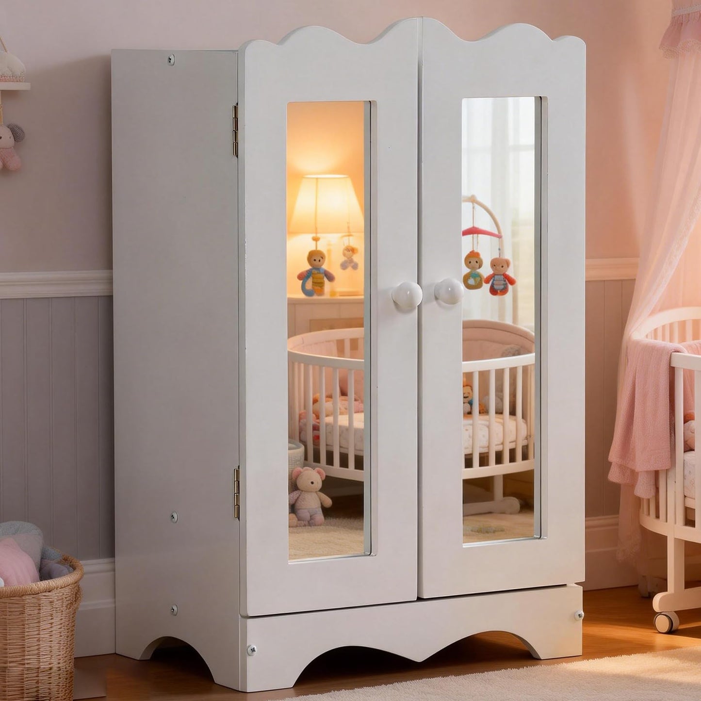 Wooden Doll Clothes Wardrobe with Mirror, 6 Hangers & Storage for 18 Inch Dolls, White Furniture Organizer for American Girl Doll & Barbie, Kids Toy for Organization & Imaginative Play