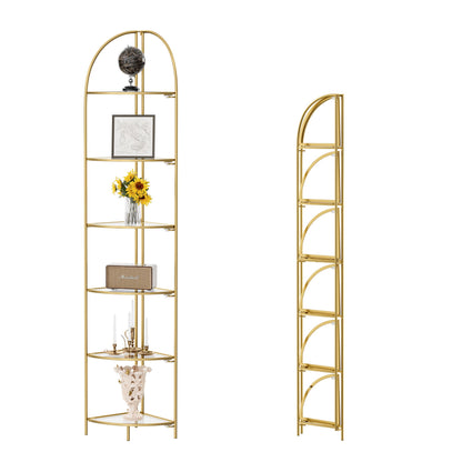 Crofy Foldable 6 Tier Corner Shelf, Metal Corner Plant Stand with Gold Frame and Transparent Shelves, Corner Display Rack Multipurpose Shelving Unit for Living Room, Bedroom, Bathroom