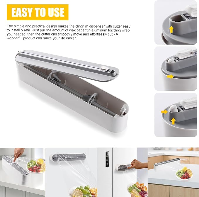 Aluminum Foil & Plastic Wrap Dispenser with Slide Cutter - Magnetic & No-Drill Wall Mount, Cling Film Dispenser for Worktops & Cabinets, Space-Saving Kitchen Organizer - Fits 12" Rolls, White