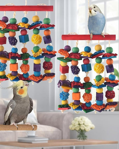 DBNESS Bird Toys, 2PCS Parrot Foraging Hanging Toy, Multicolored Natural Wooden Blocks Parakeet Chewing Toys mit Rattan Wicker Balls, for Medium Small Cockatoos Budgie Lovebird Cockatiel Conure