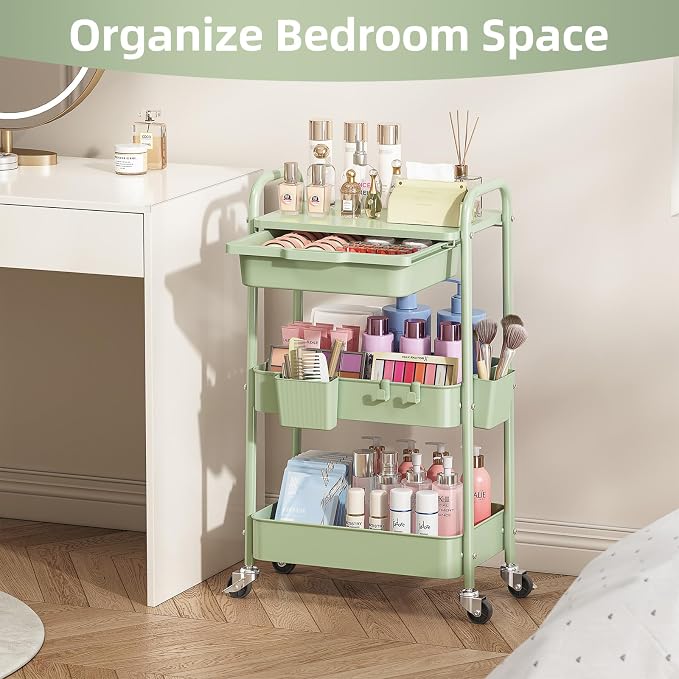 3 Tier Metal Rolling Utility Cart with Drawer & Lockable Wheels - Heavy Duty Multifunctional Storage Organizer with 2 Cups and 4 Hooks for Bathroom, Kitchen, Snack, Craft, Makeup, Baby Essentials