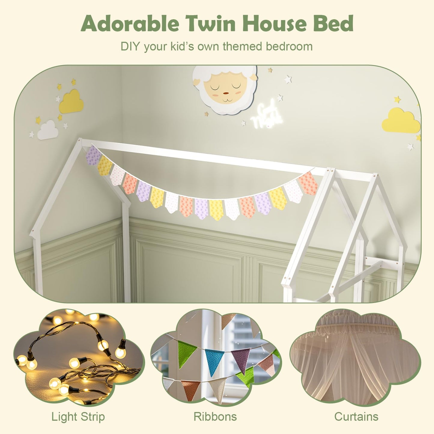 Giantex Twin House Floor Bed, Solid Wood Montessori Bed with Detachable Storage Shelf, Clothes Hanger & Guardrails, Twin Beds for Kids Teens, Girls & Boys