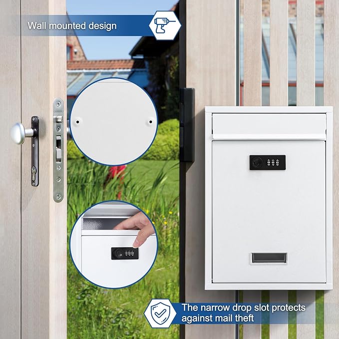 KYODOLED Locking Wall Mount Mailbox with Combination Lock, White | Heavy-Duty Steel, Secure Drop Box for Mail, Cash & Keys, Weather Resistant, Home, Office & School Use, 12.4 x 8.54 x 3.35 In
