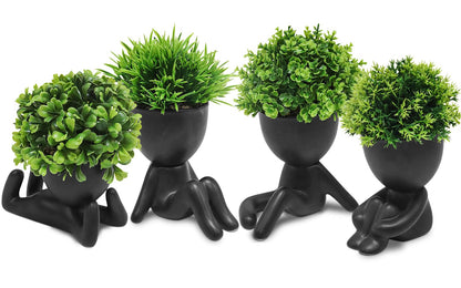 MAKHOT 4PCS Cute Artificial Mini Succulent Plants with Creative Human Shaped Pots, Small Fake Plants for Shelf Desk Tabletop Office Home Decoration(Black)