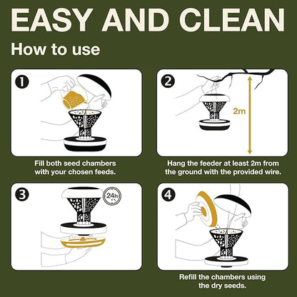 SWISSINNO Bird Feeders - No Mess Hanging Bird Feeder for Outdoors - Smart Birds Davos Spill Proof Wild Cardinal & Small Bird Feeder with Integrated Seed Catcher Tray - Dual Chamber - Green