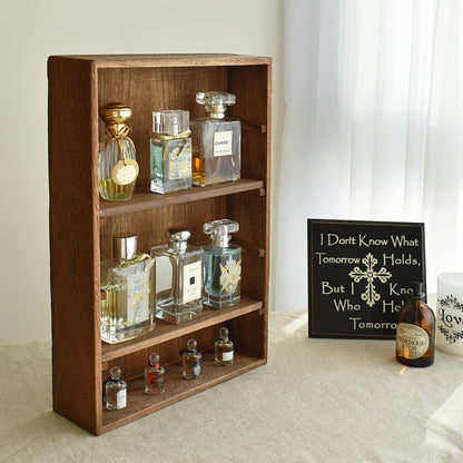 Ikee Design Wooden Wall-Mounted Display Shelves Rack for Collectibles-Figures,Shot Glasses,Spice Can,Cosmetics or Perfume-5 Adjustable Height Shelves,Space-Saving- Brown Color