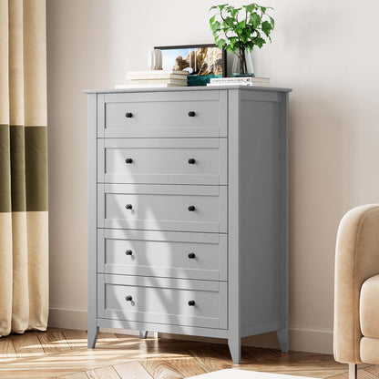 Garvee 5 Drawer Dresser for Bedroom, Modern Tall Chest of Drawers with Metal Knobs, Wooden Clothes Storage Organizer for Closet, Nursery, Living Room, Apartment, Grey