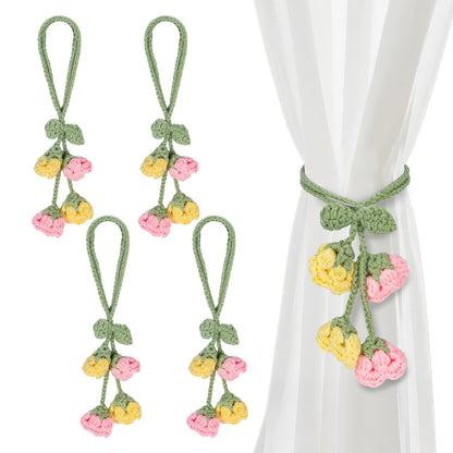 Flower Curtain Tiebacks, 4pcs Lily-of-The-Valley Curtains Holdbacks, Cute Curtain Holdbacks - No Drill Rope Holder, Drape Knitting Handmade for Nursery&Children's Room Decor (Pinkish/Yellow)