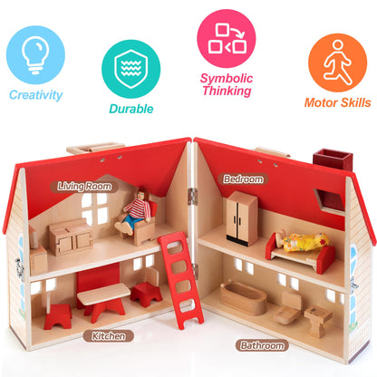 Foldable Wooden Dollhouse with 13PCS Furniture, 4 Rooms and 2 Flexible Dolls, Pretend Play Doll House Set with Portable Handle, Christmas Birthday Gift for Boys Girls Age 3+, Cottages