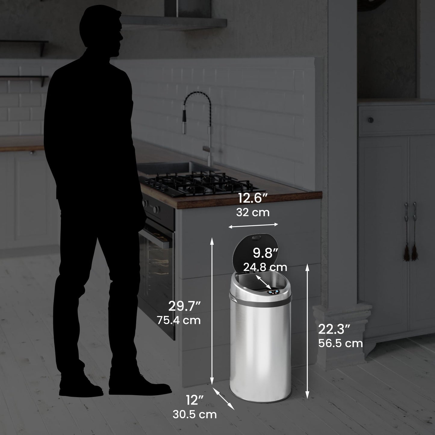 iTouchless 8 Gallon Touchless Sensor Kitchen Trash Can with Odor Control System, Stainless Steel, Round Garbage Bin for Home or Office