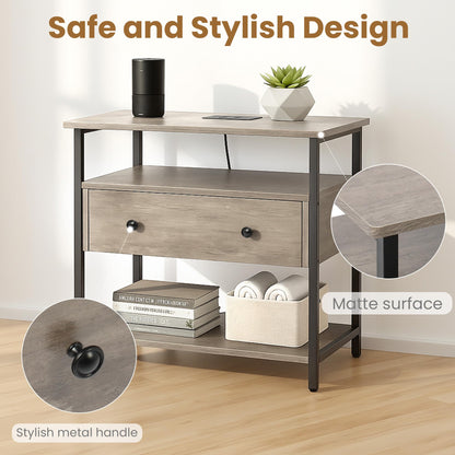 Edbuosy 27 Inch Wide Night Stand with Charging Station, Wood Nightstand with Open Shelf, Large Drawer Bedside Table for Living Room/Bedroom/Office (Rustic Gray)