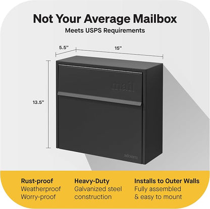 Adoorn Lockable Wall Mount Mailboxes for Outside - Small Anti-Theft Locking Mailbox for Letters - Weatherproof Construction - Durable Steel - 13.5" H x 15" L x 5.5" D - Black