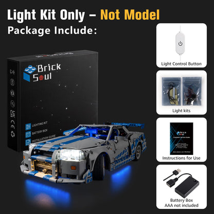 BrickSoul Upgrade Light Kit for Lego 42210 2 Fast 2 Furious Nissan Skyline GT-R (R34) Car Building | with ON/Off & Dimmer Switch & Hidden Cable Tech | Easy Install Lighting Set (42210 NOT Included)
