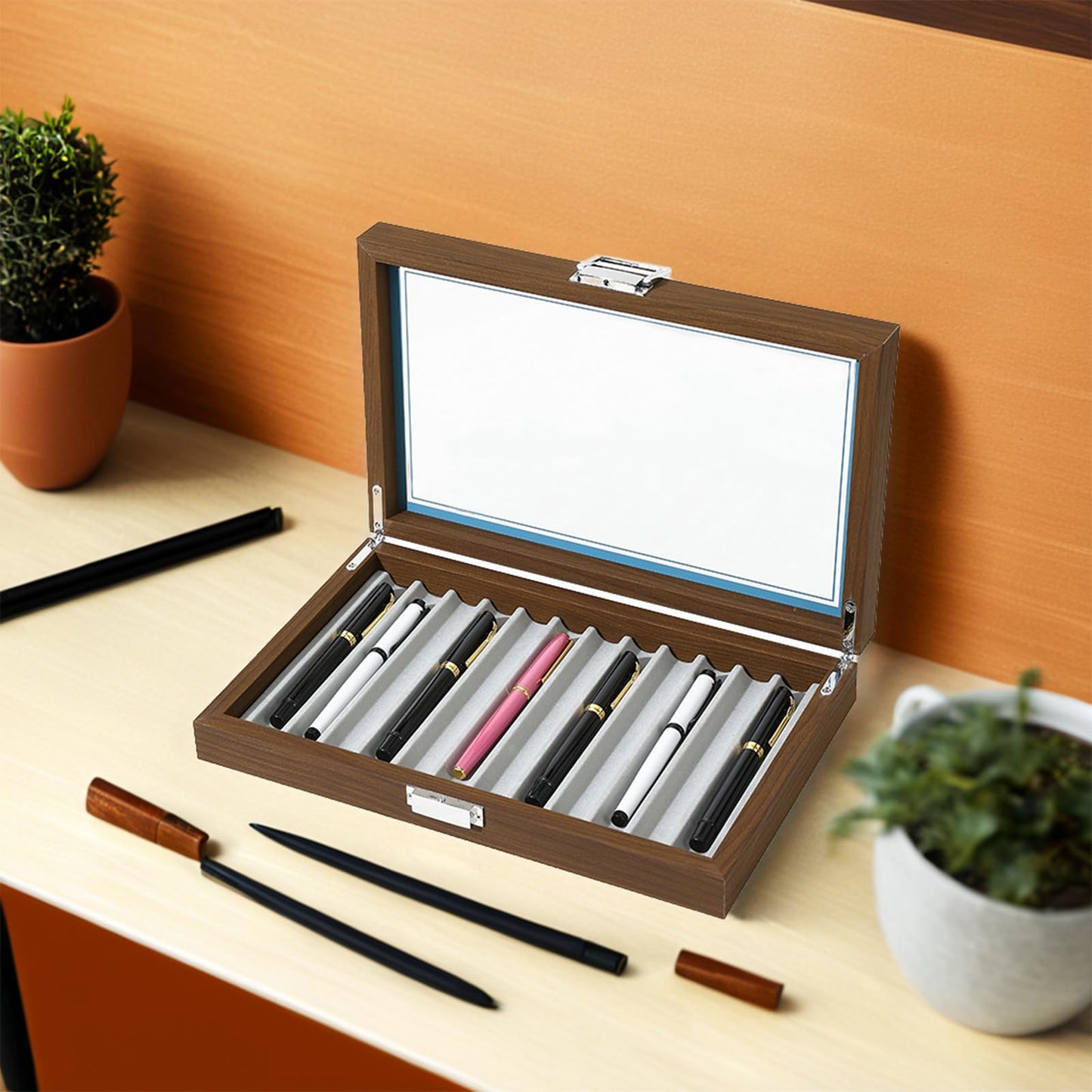 YorHele 12-Slot Fountain Pen Display Box, Black Walnut Wood Pen Organizer with Clear Glass Window, Luxury Pen Storage Case for Fountain Pen Collection Pencil Holders