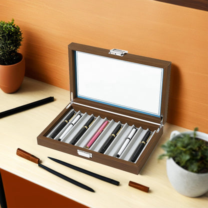 YorHele 12-Slot Fountain Pen Display Box, Black Walnut Wood Pen Organizer with Clear Glass Window, Luxury Pen Storage Case for Fountain Pen Collection Pencil Holders