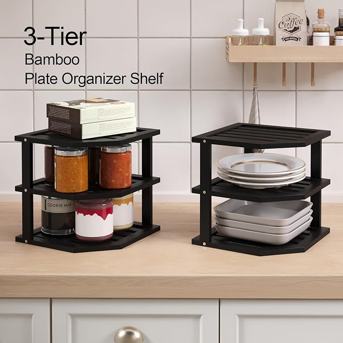 VERTORGAN 3 Tier Bamboo Corner Shelf(2 Pack),Dish Drying Rack,Plate Organizer,Kitchen Spice Rack for Countertop and Cabinet(Black)