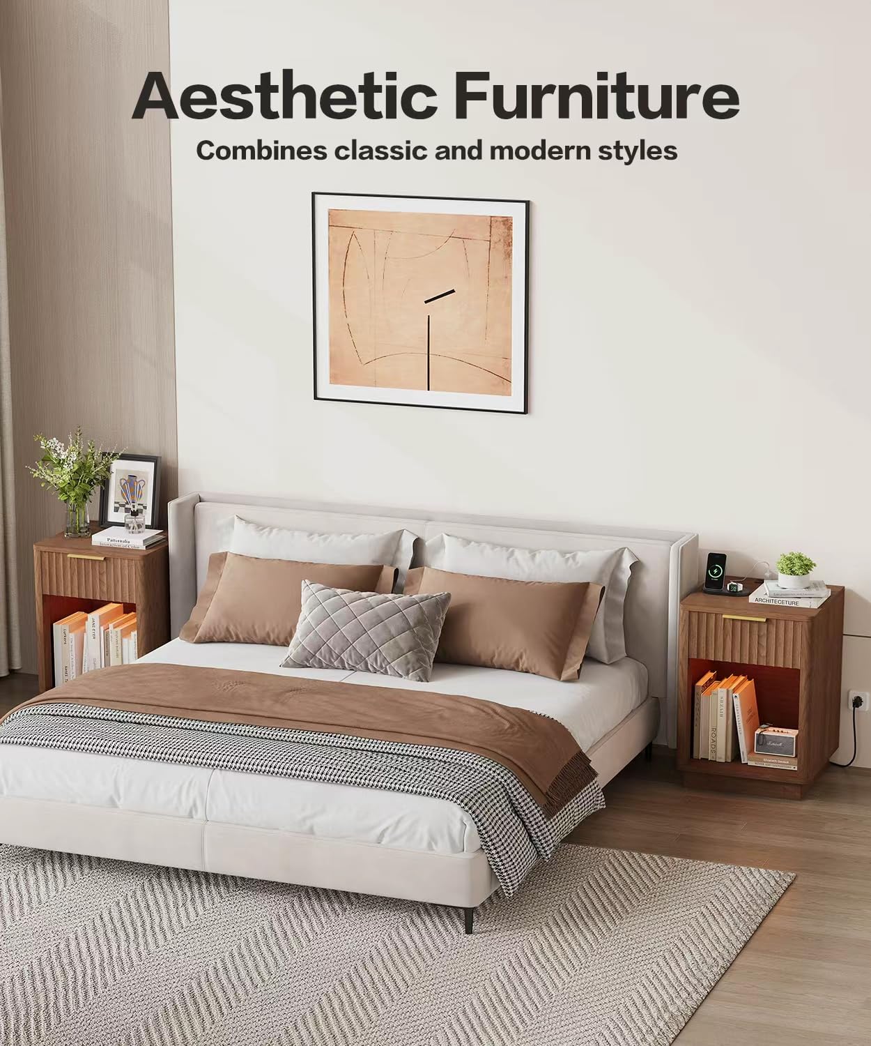 Akxomel Fluted Nightstand, Wooden Night Stand with Charging Station and LED Light, Modern Mid Century End Table with Drawer, 15" D x 15.7" W x 22.6" H, for Bedroom, Walnut