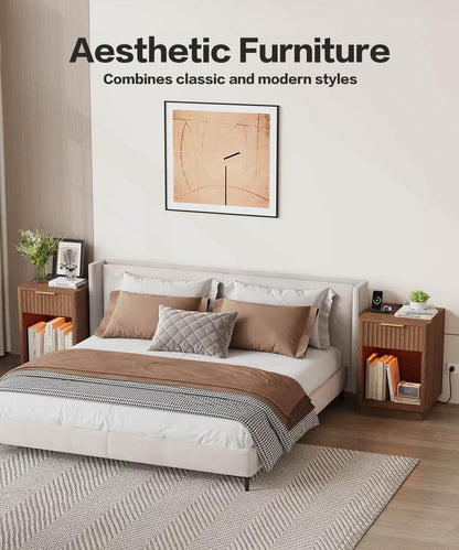 Akxomel Fluted Nightstand, Wooden Night Stand with Charging Station and LED Light, Modern Mid Century End Table with Drawer, 15" D x 15.7" W x 22.6" H, for Bedroom, Walnut