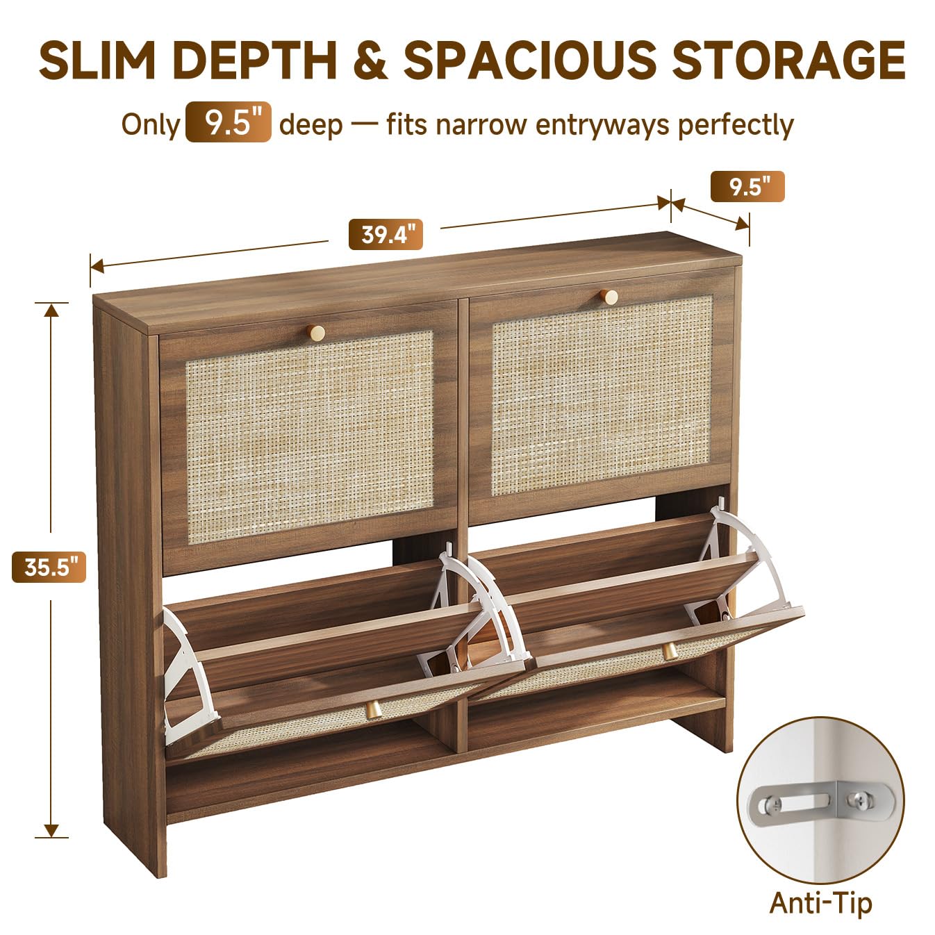 Nicetree Shoe Cabinet Storage for Entryway, 4-Flip Drawer Narrow Shoe Rack, Organic Modern Rattan Shoe Organizer with Gold Legs, Shoe Organizer Fits Men's Size 13.5, Toasted Caramel Walnut