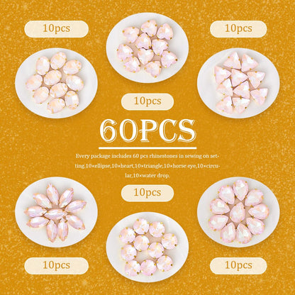 TANOSII Sew on Rhinestones 60 PCS Mixed Shapes Glass Rhinestones Sew on Crystal Gems Mental Flatback with Golden Claw for Jewelry Crafts Clothes Shoes Costume Garment Pink
