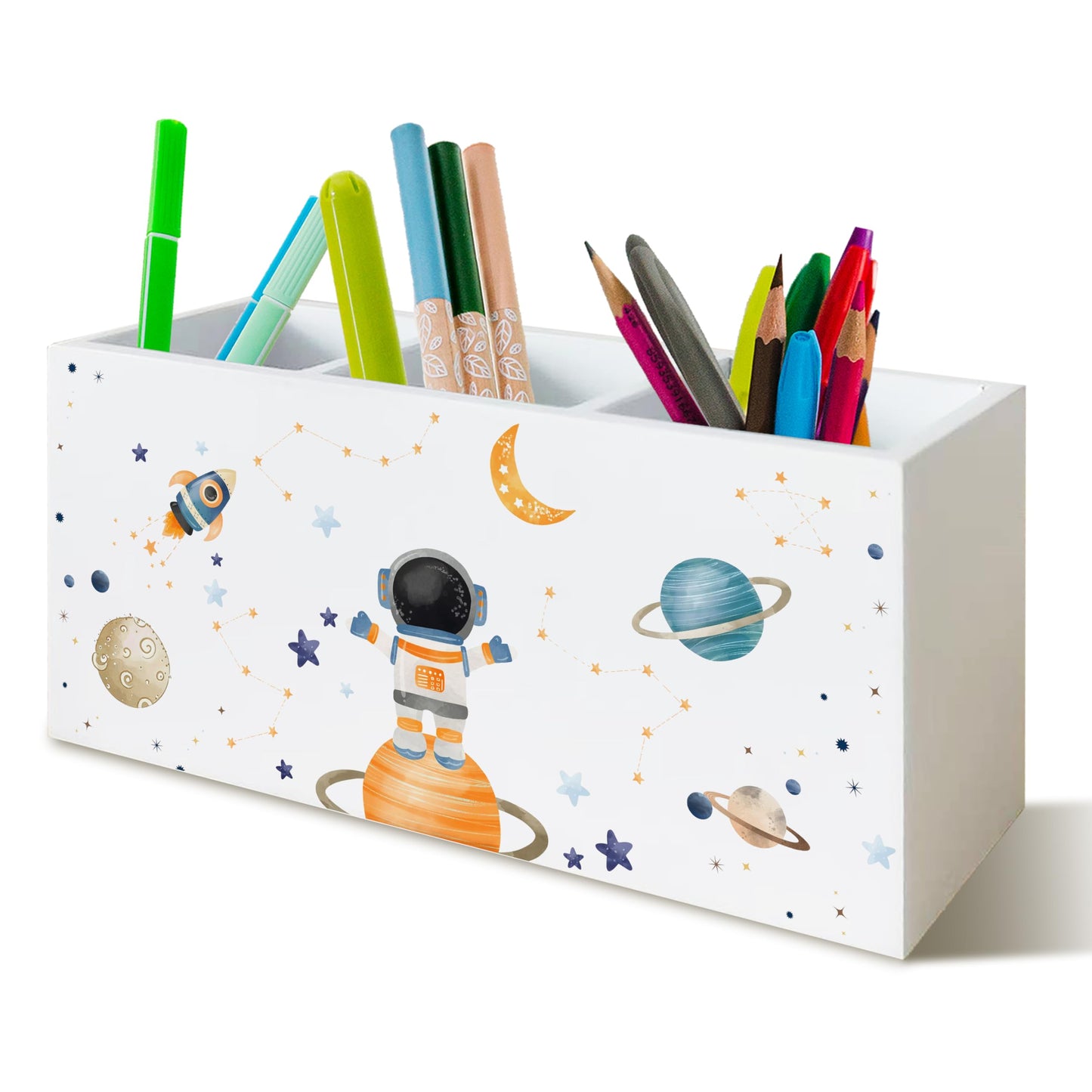 KAOWT Space Pen Pencil Holder for Desk, Space Gifts for Kids, Galaxy Celestial Rocket Astronaut Wooden Signs Desk Organizer for Kids Boys Room Bedroom Classroom Decor