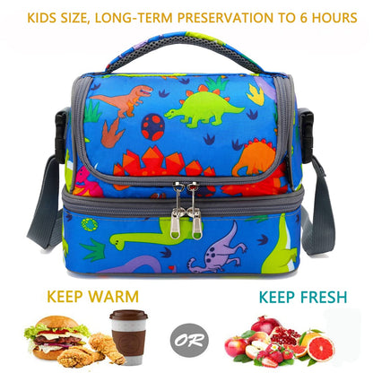 FlowFly Kids Double Decker Cooler Insulated Lunch Bag Large Tote for Boys, Girls, Men, Women, With Adjustable Strap, Dinosaur