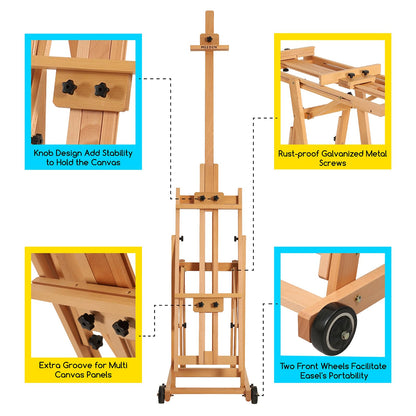 MEEDEN Versatile Studio H-Frame Easel - All Media Adjustable Beech Wood Studio Easel, Painting Floor Easel Stand, Movable and Tilting Flat Available, Holds Canvas Art up to 77"