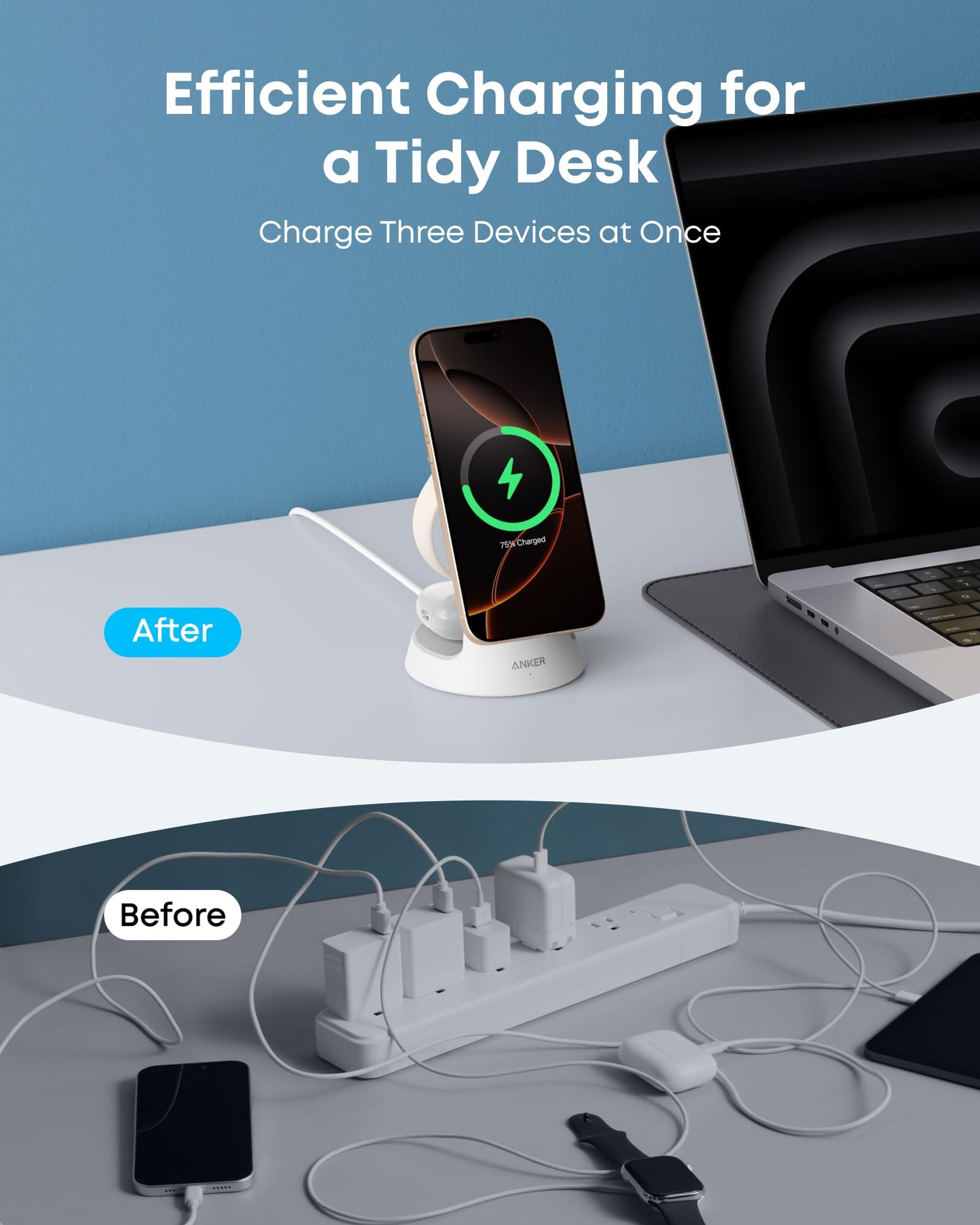 Anker MagSafe Charger Compatible, MagGo 3-in-1 Charging Station, Nano Charging Stand, Qi2 Certified 15W Magnetic Wireless Charger Dock, for iPhone17/16/15/14, Apple Watch,AirPods (Adapter Included)