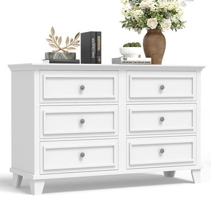 GarveeHome Farmhouse White Dresser for Bedroom with 6 Drawer, Double Dresser TV Stand with Vintage Handle, Wide Wood Dressers & Chests of Drawers, 6 Drawer Dressers for Bedroom, Living Room, Hallway