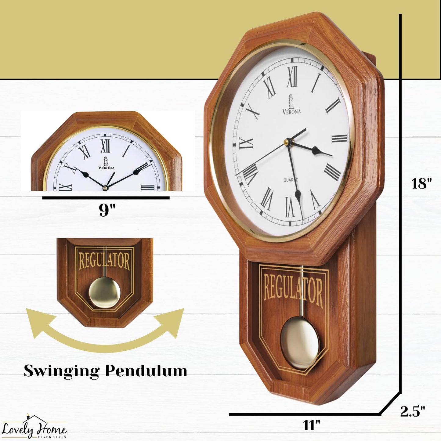 Pendulum Wall Clock Battery Operated - Real Wood Regulator Clock - Schoolhouse Design with Pendulum - Quiet, Non-Chiming - Wooden Wall Decor for Living Room Decor, Home, Office and Gift 18x11