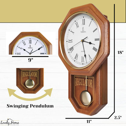 Pendulum Wall Clock Battery Operated - Real Wood Regulator Clock - Schoolhouse Design with Pendulum - Quiet, Non-Chiming - Wooden Wall Decor for Living Room Decor, Home, Office and Gift 18x11