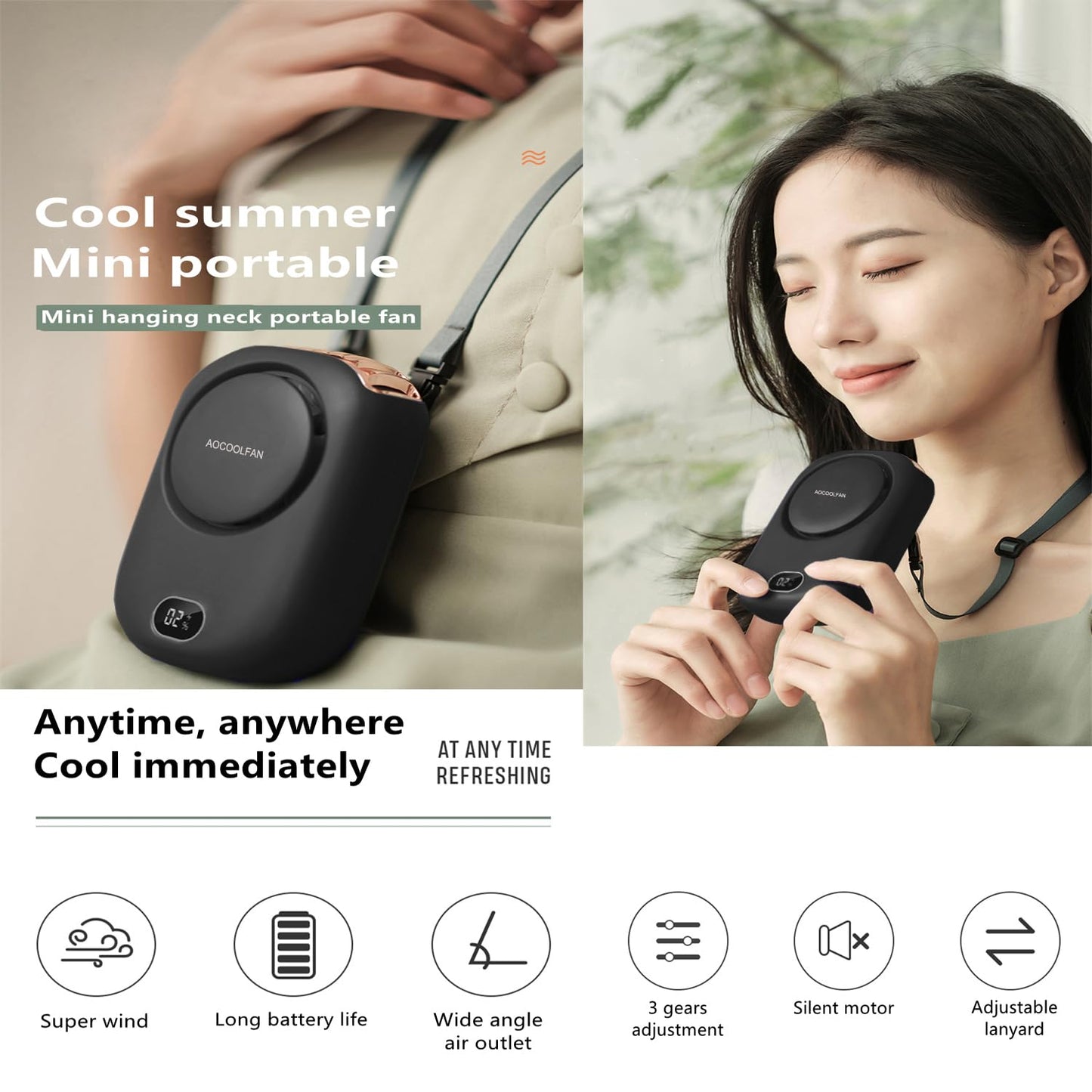 AOCOOLFAN Portable Neck Fan, Mini Small Personal Handheld Fan USB Rechargeable 3 Speed for Girls Boys Woman Eyelash Travel Home Office Outdoor (Black)