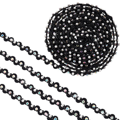 PH PandaHall 4 Yards Pearl Lace Trim 3/8 inch Black Wavy Lace Ribbon Pearl Fringe Rhinestone Fringe Applique Fabric Gimp Braid Ribbon for Costume Curtain DIY Craft Jewelry Party Halloween