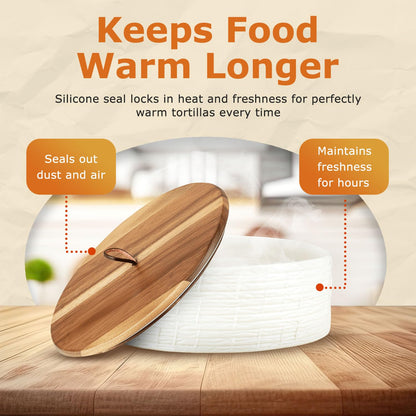 SoulMex Ceramic Tortilla Warmer with Airtight Wooden Lid – 8.8 Inch Tortilla Holder, Insulated Bread Pancake Warmer, Authentic Tortillero for Tortillas, Pancakes, Roti – Large Tortilla Container