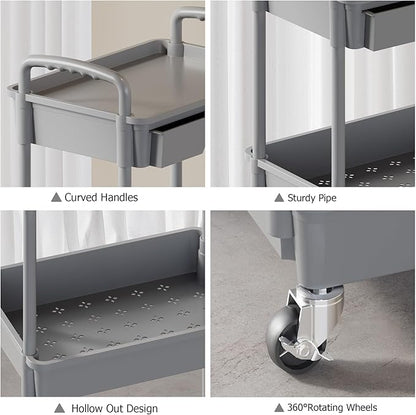 4 Tier Rolling Utility Cart with Drawer, Plastic Storage Organizer Rolling Carts with Wheels Handles Hanging Cups Hooks for Office, Bathroom, Kitchen,Craft Art Room (Grey)