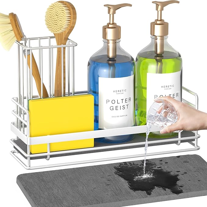 Yofidra Sink Caddy with Stone Drying Tray: Stainless Steel Soap Dispenser