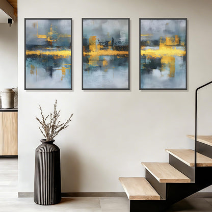 Blue and Gold Abstract Wall Art Set of 3, Modern Framed Canvas Wall Art 16x24 Inch, Luxury Abstract Landscape Wall Painting for Living Room Bedroom Office, Metal Frame Ready to Hang