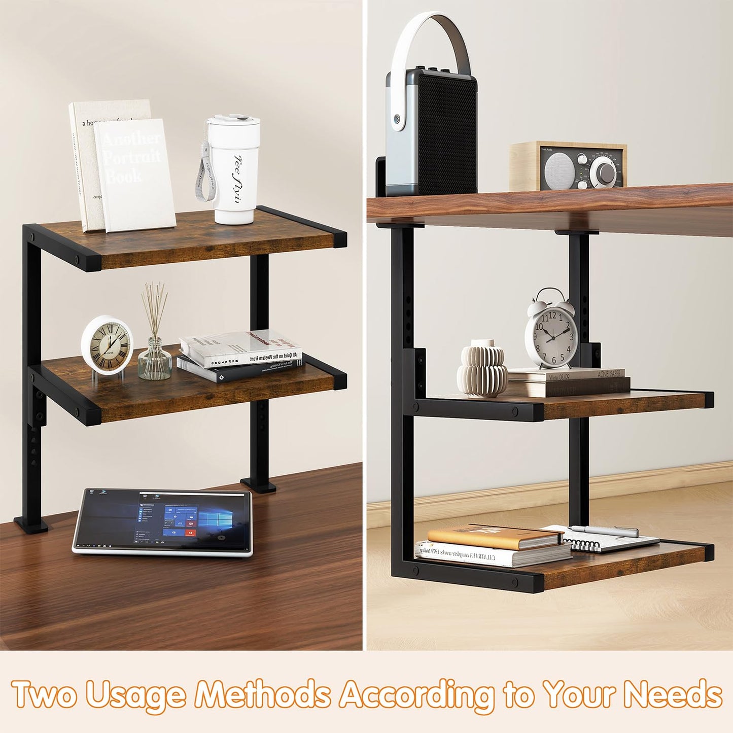 IBUYKE Clamp on Desk Organizer Shelf,12.9 inches Desk Extender Shelves, Above or Below Desk 2-Tier Adjustable Storage Shelves for Desktop Accessories,Rustic Brown,TMZ007H