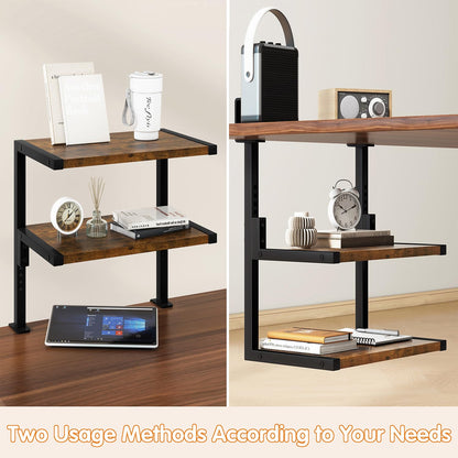IBUYKE Clamp on Desk Organizer Shelf,12.9 inches Desk Extender Shelves, Above or Below Desk 2-Tier Adjustable Storage Shelves for Desktop Accessories,Rustic Brown,TMZ007H