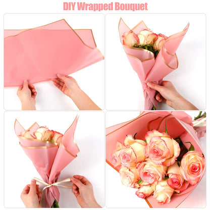 CCINEE 40 Sheets Flower Wrapping Paper, Translucent Gold Edge Waterproof Florist Packaging Paper Gift Box Packaging and 50 Yards Satin Ribbon for Wedding Engagement Bouquet Supplies (Pink Series)