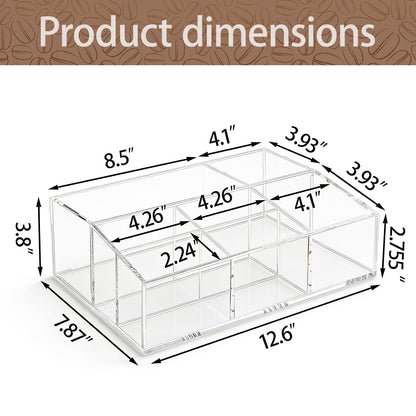 Goindy Coffee Station Organizer for Countertop - Clear Acrylic Coffee Bar Accessories and Organizer with Removable Dividers for Pods Condiment Syrup Tea Cups Stirrers Tea Bag - Farmhouse Table Decor