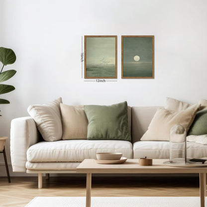 Framed Japanese Zen Wall Art Set of 2, Minimalist Sage Green Flying Duck Canvas Wall Decor Paintings, Modern Sunset Landscape Artwork Prints Picture for Living Room Bedroom Bathroom 12x16 Inch