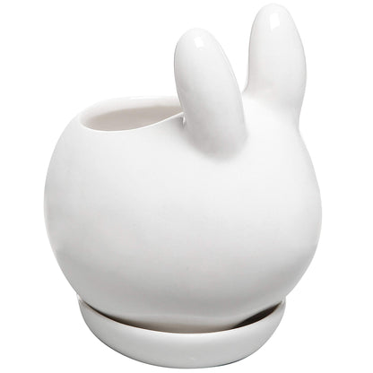 MyGift Mini Ceramic Bunny Planter, Decorative Rabbit Design White Small Flower Pot Succulent Planter with Detached Saucer