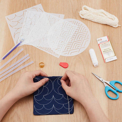 WEBEEDY 4 Sets Sashiko Starter Coaster Kit for Beginners, Japanese DIY Tea Mat Sewing Kit with Sashiko PET Templates, Needles, Thread for Table Cup Mat Embroidery Christmas Craft Decor Gift
